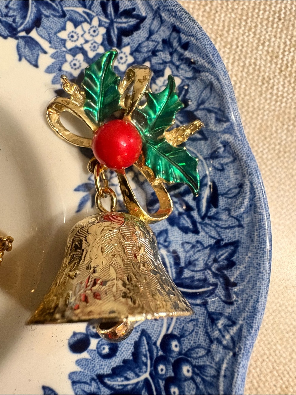 Festive Gold Bell Brooch with Green Enamel Holly and Red Berry